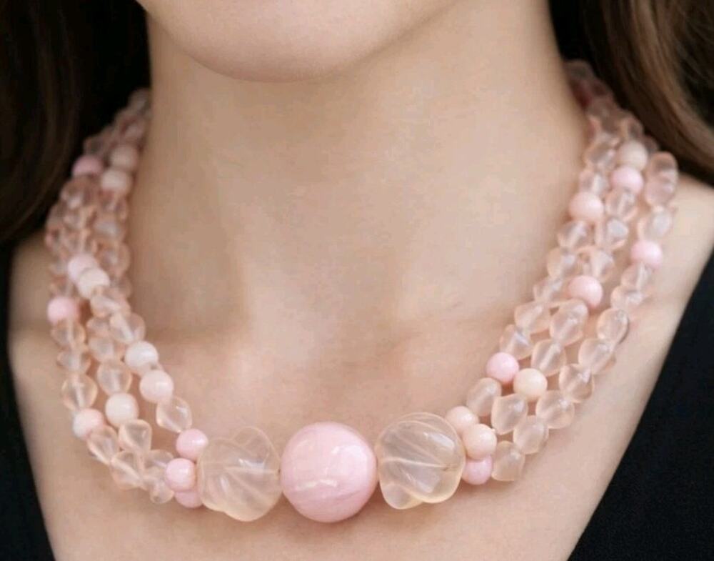 Chunky Beaded Necklace‎ Pink 3 Strands Lucite Unique Multi-strand Adj rd3-41